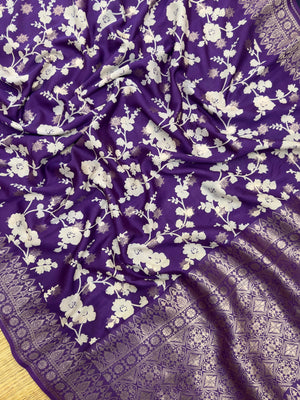 "Purple Musk Malai Cotton Saree featuring intricate Banarasi design, showcasing traditional craftsmanship with a soft, breathable fabric in a rich purple hue."