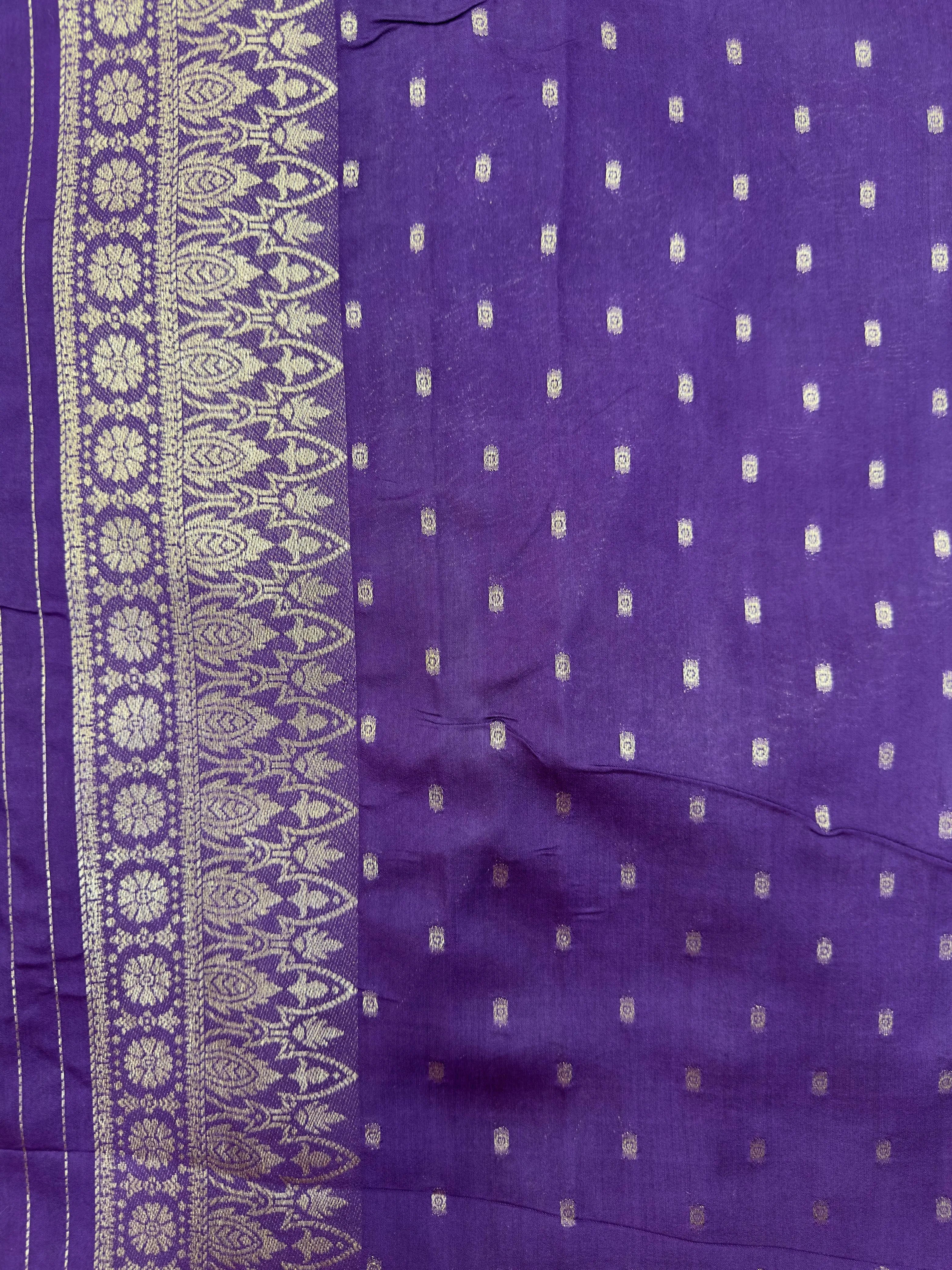 "Purple Musk Malai Cotton Saree featuring intricate Banarasi design, showcasing traditional craftsmanship with a soft, breathable fabric in a rich purple hue."