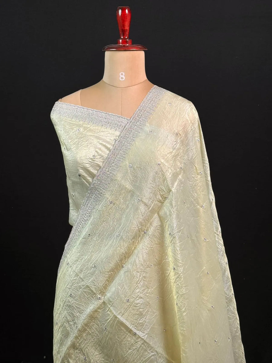 Party Wear Smooth Paper Silk Saree- Crush Embroidery 