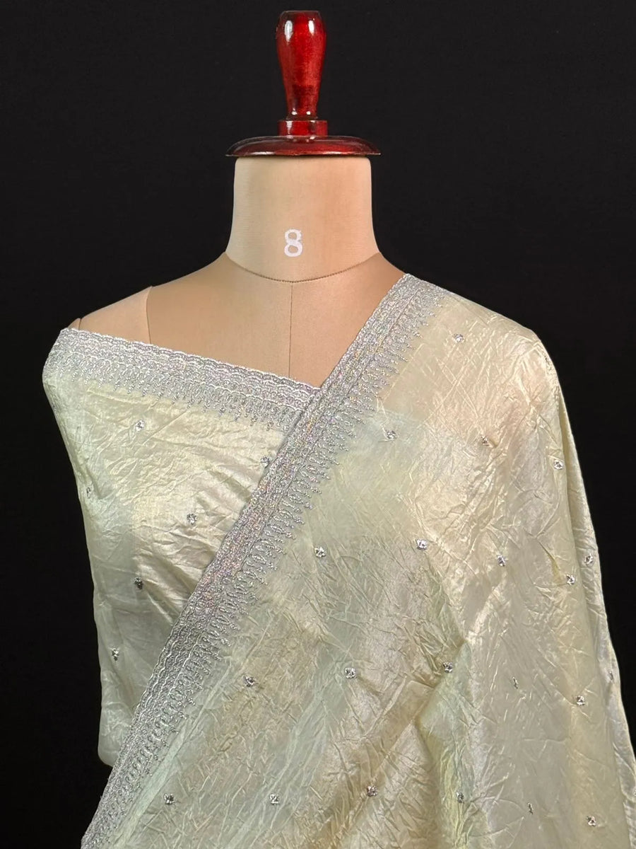 Party Wear Smooth Paper Silk Saree- Crush Embroidery 