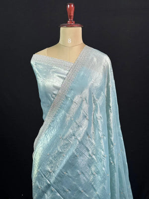 Party Wear Smooth Paper Silk Saree- Crush Embroidery 