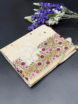 Linen Saree with Multicolour Floral Thread Embroidery & Zari Border