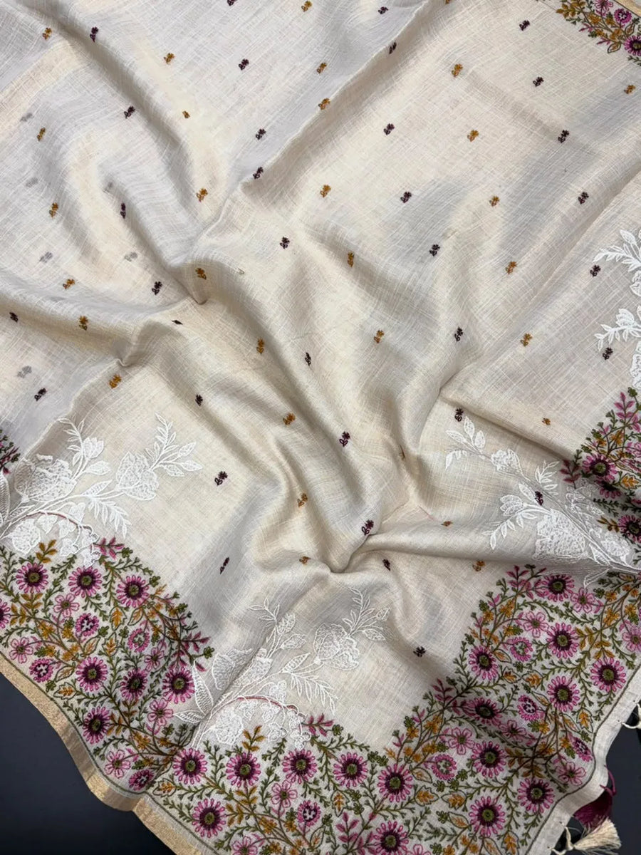 Linen Saree with Multicolour Floral Thread Embroidery & Zari Border