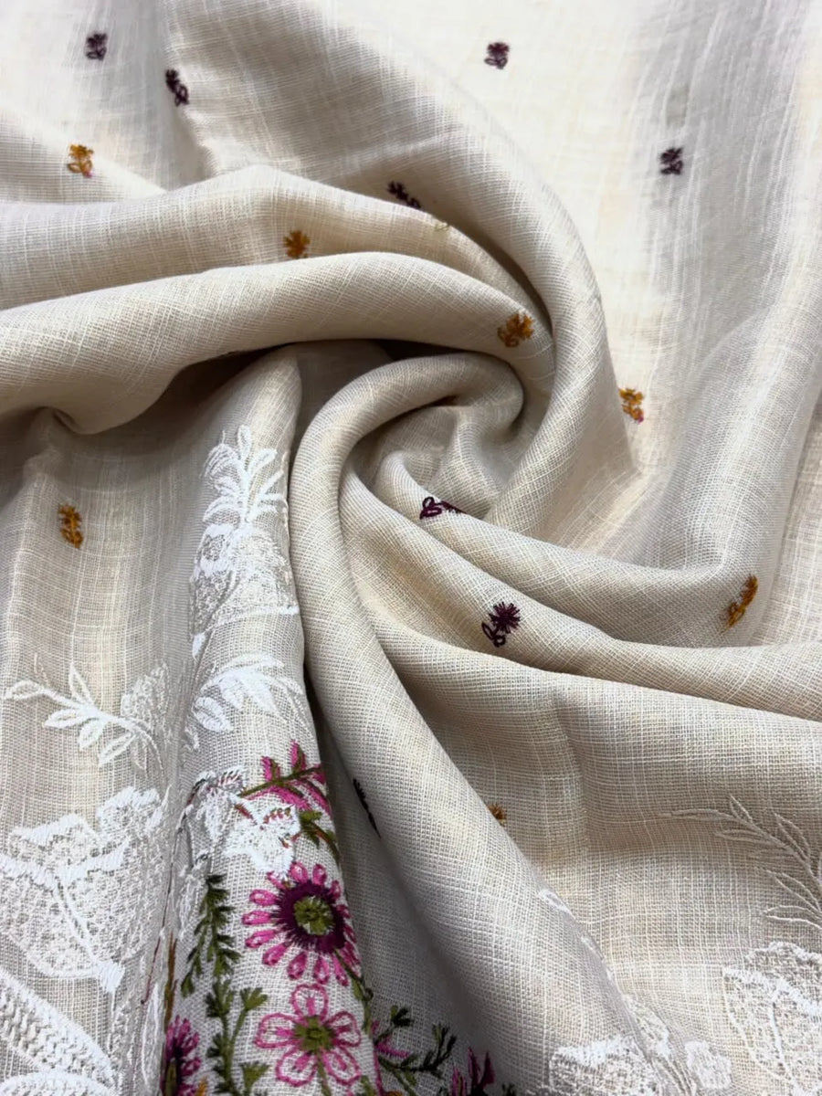 Linen Saree with Multicolour Floral Thread Embroidery & Zari Border