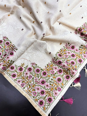 Linen Saree with Multicolour Floral Thread Embroidery & Zari Border