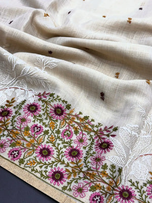Linen Saree with Multicolour Floral Thread Embroidery & Zari Border
