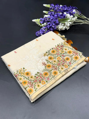 Linen Saree with Multicolour Floral Thread Embroidery & Zari Border