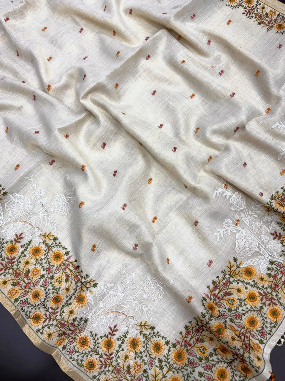 Linen Saree with Multicolour Floral Thread Embroidery & Zari Border