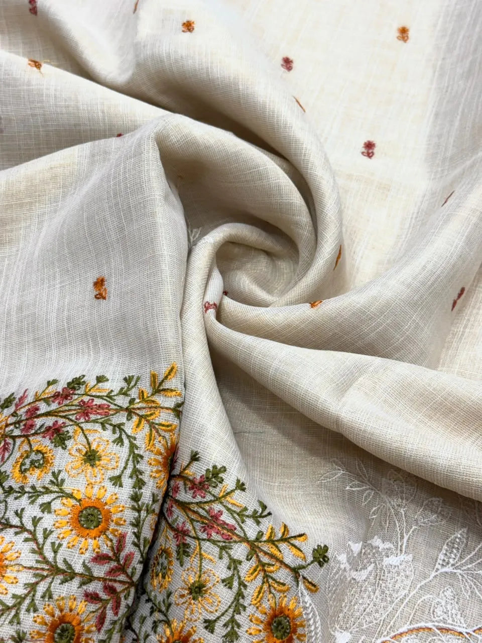Linen Saree with Multicolour Floral Thread Embroidery & Zari Border