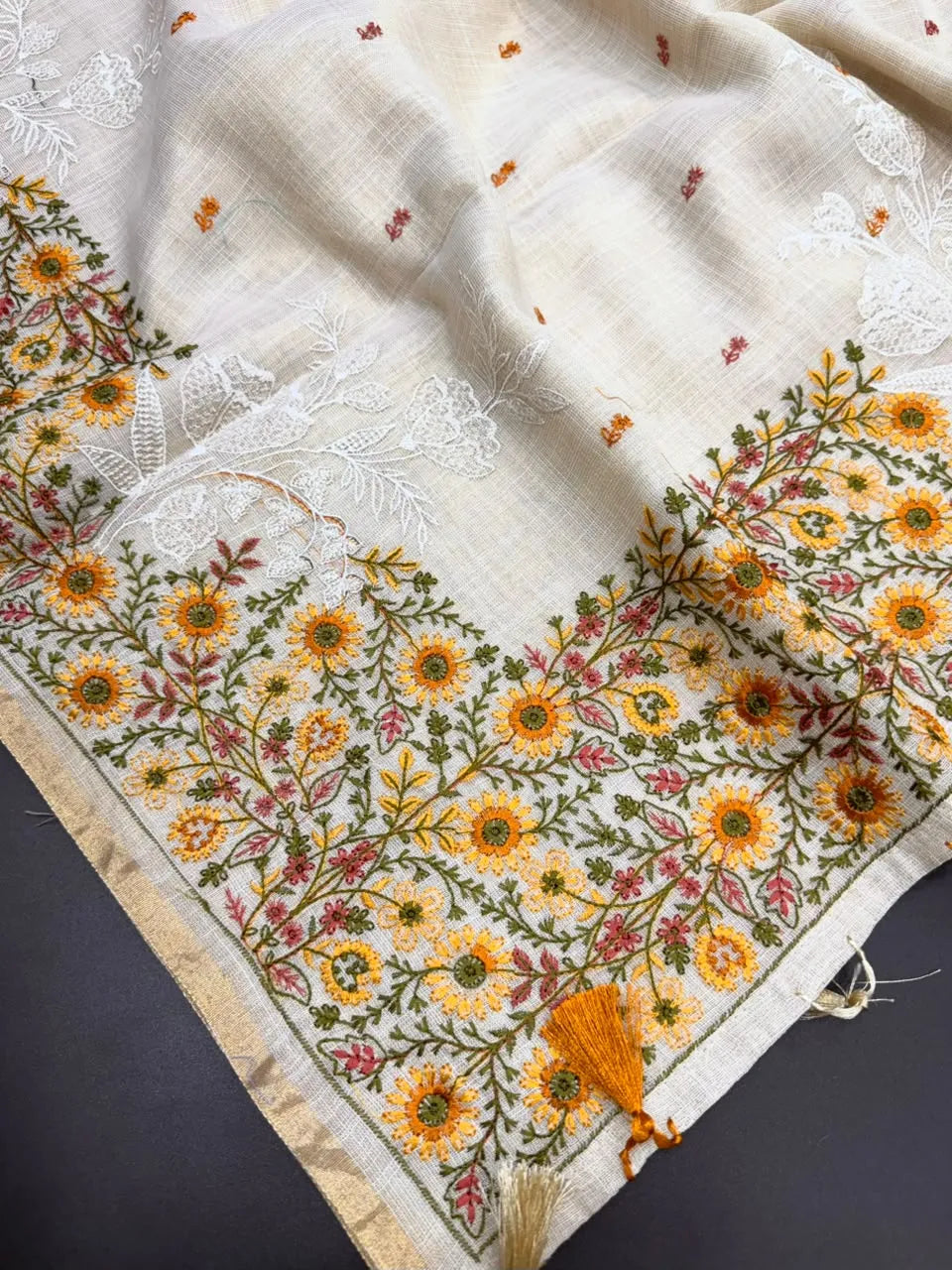 Linen Saree with Multicolour Floral Thread Embroidery & Zari Border