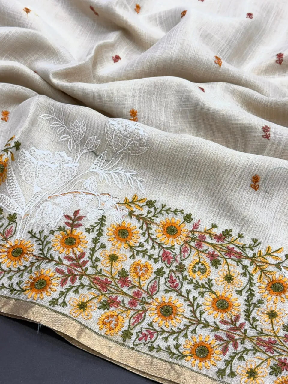 Linen Saree with Multicolour Floral Thread Embroidery & Zari Border