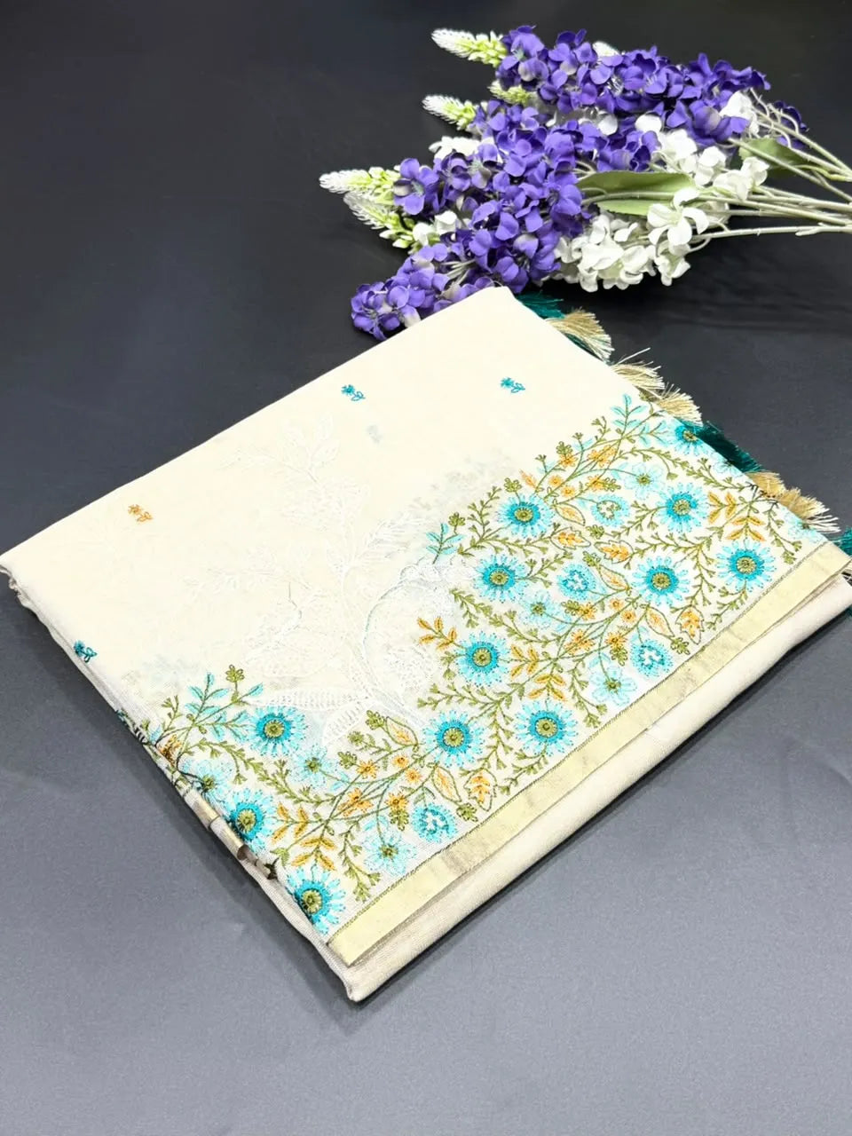 Linen Saree with Multicolour Floral Thread Embroidery & Zari Border