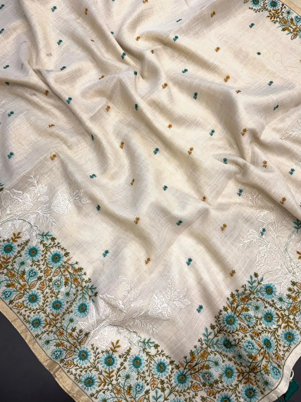 Linen Saree with Multicolour Floral Thread Embroidery & Zari Border