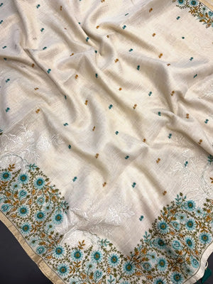 Linen Saree with Multicolour Floral Thread Embroidery & Zari Border