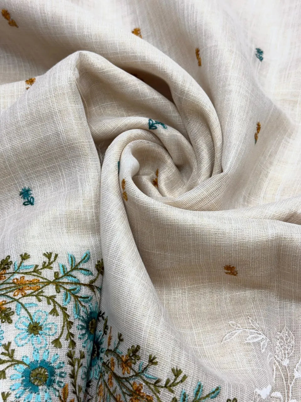 Linen Saree with Multicolour Floral Thread Embroidery & Zari Border
