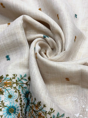 Linen Saree with Multicolour Floral Thread Embroidery & Zari Border