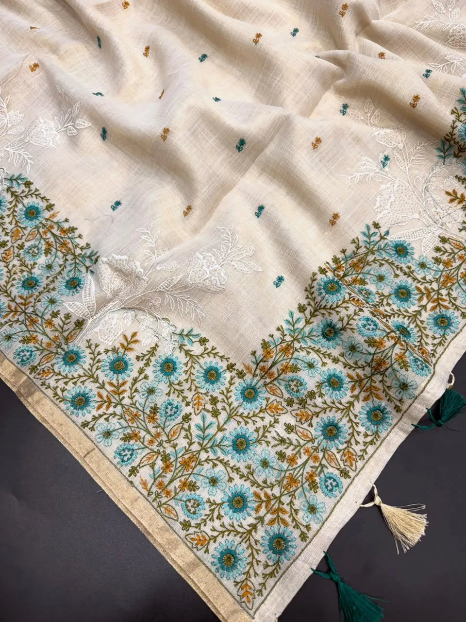Linen Saree with Multicolour Floral Thread Embroidery & Zari Border