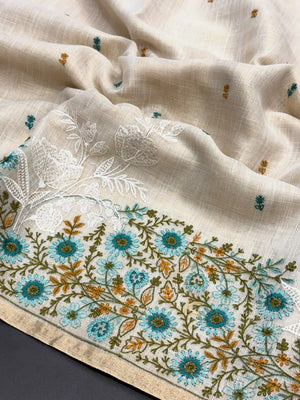 Linen Saree with Multicolour Floral Thread Embroidery & Zari Border