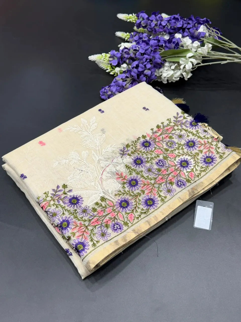 Linen Saree with Multicolour Floral Thread Embroidery & Zari Border