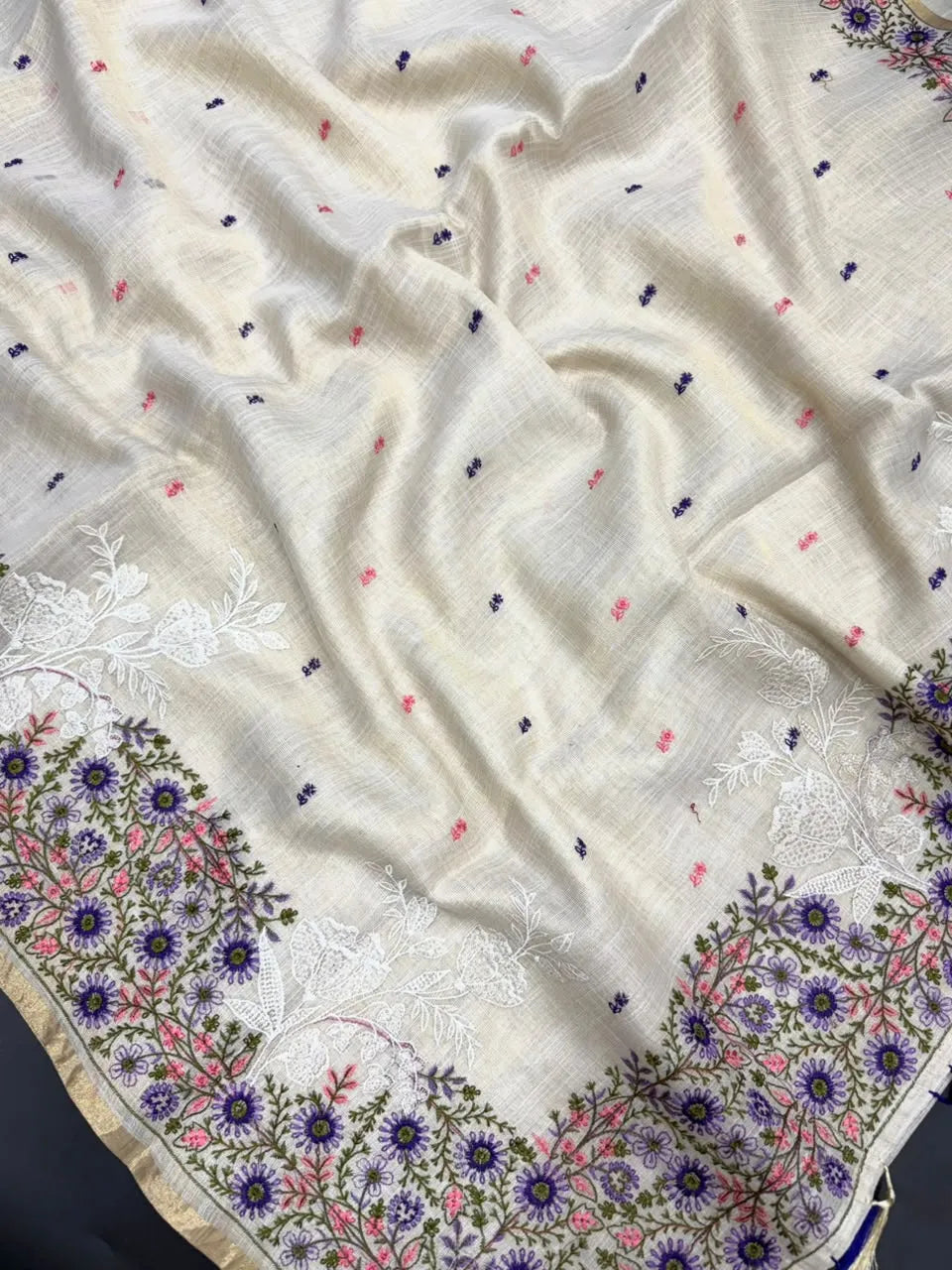 Linen Saree with Multicolour Floral Thread Embroidery & Zari Border