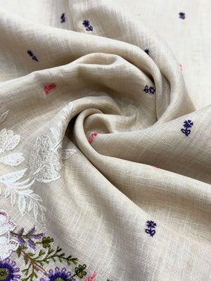 Linen Saree with Multicolour Floral Thread Embroidery & Zari Border