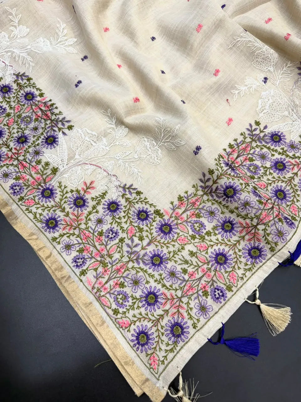 Linen Saree with Multicolour Floral Thread Embroidery & Zari Border
