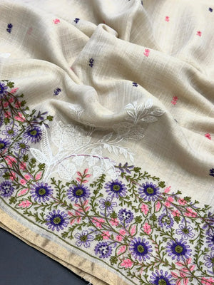 Linen Saree with Multicolour Floral Thread Embroidery & Zari Border
