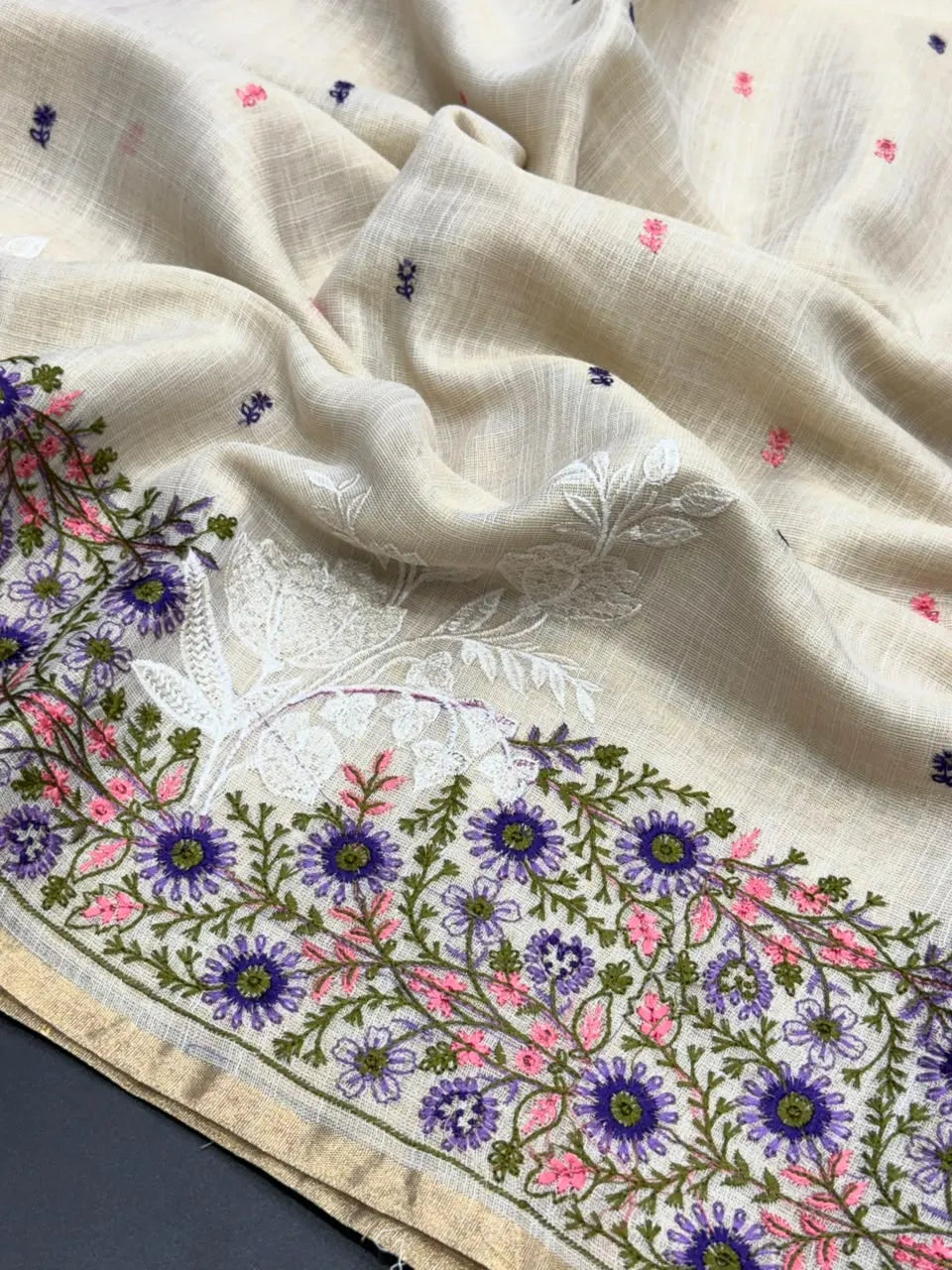 Linen Saree with Multicolour Floral Thread Embroidery & Zari Border