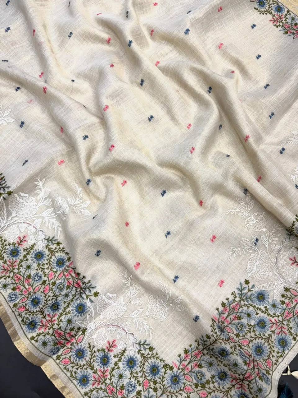 Linen Saree with Multicolour Floral Thread Embroidery & Zari Border