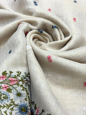 Linen Saree with Multicolour Floral Thread Embroidery & Zari Border