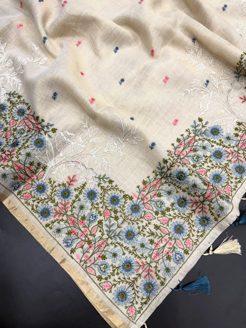 Linen Saree with Multicolour Floral Thread Embroidery & Zari Border