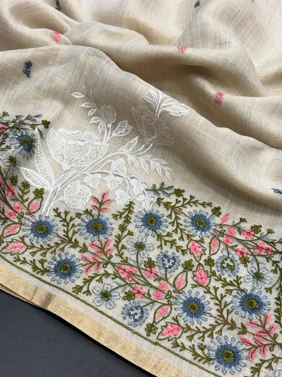 Linen Saree with Multicolour Floral Thread Embroidery & Zari Border