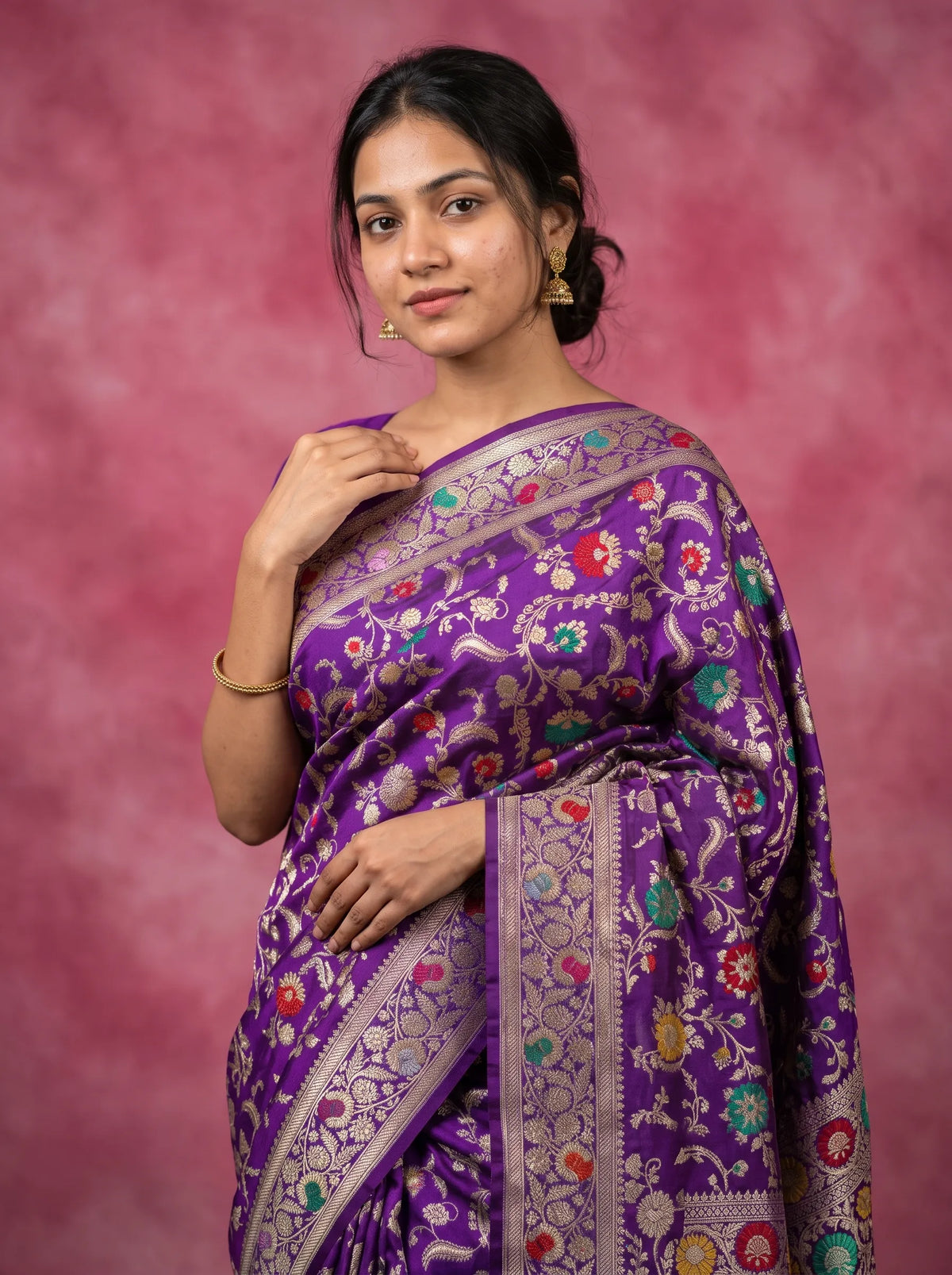 Royal Purple Pure Katan Silk Saree with Multicolour Floral Jaal