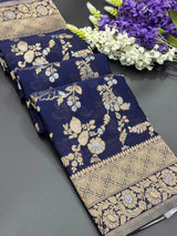 Royal Navy Blue Floral Zari Georgette Silk Saree