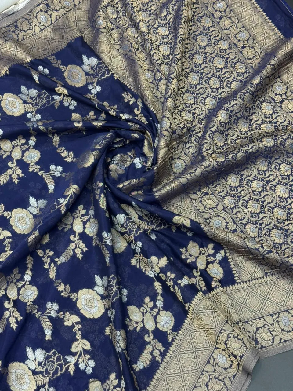 Royal Navy Blue Floral Zari Georgette Silk Saree