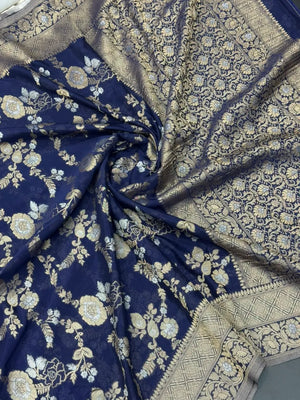 Royal Navy Blue Floral Zari Georgette Silk Saree
