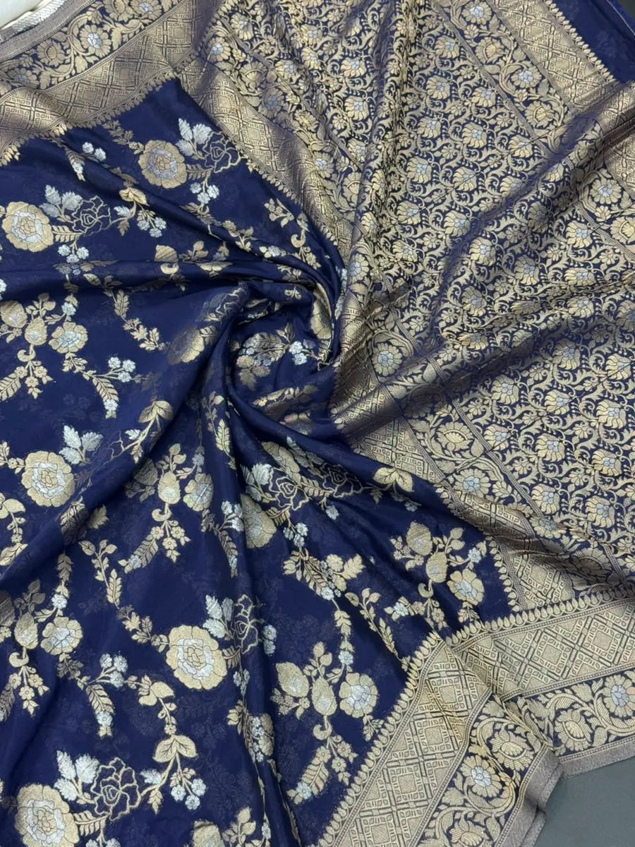Royal Navy Blue Floral Zari Georgette Silk Saree