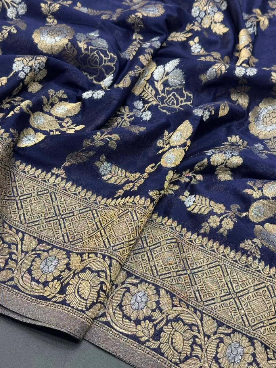 Royal Navy Blue Floral Zari Georgette Silk Saree