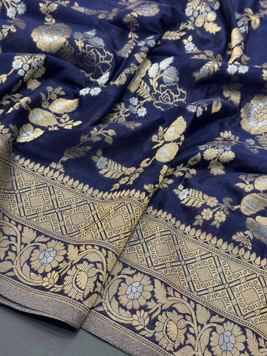 Royal Navy Blue Floral Zari Georgette Silk Saree