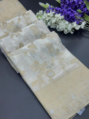 Royal Navy Blue Floral Zari Georgette Silk Saree