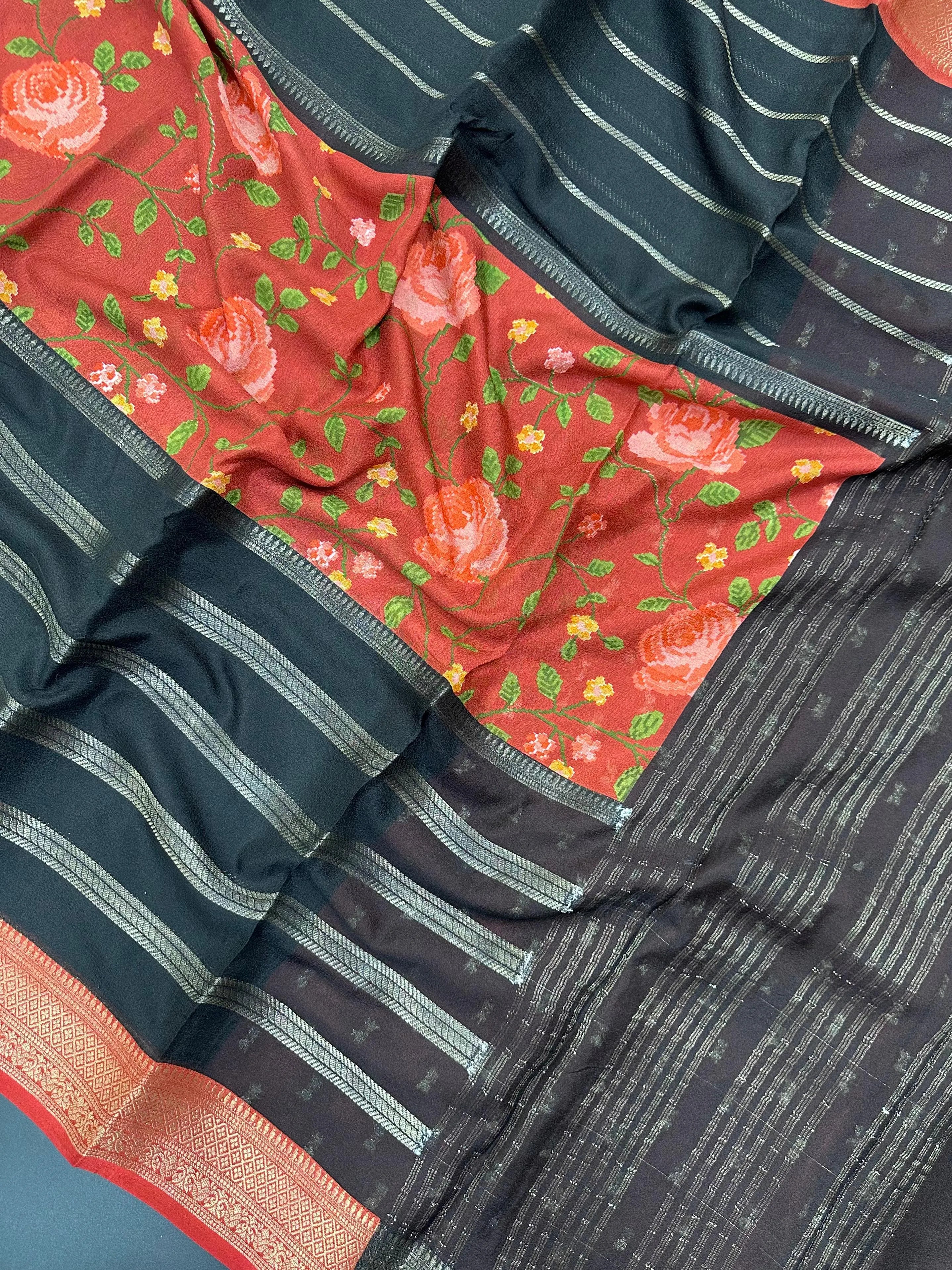 Banarasi Semi Khaddi Chiffon Saree-Mul Mul Cotton