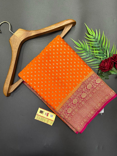 "Vibrant Orange Pure Banarasi Crepe Silk Saree – Perfect for Wedding & Festive Wear"