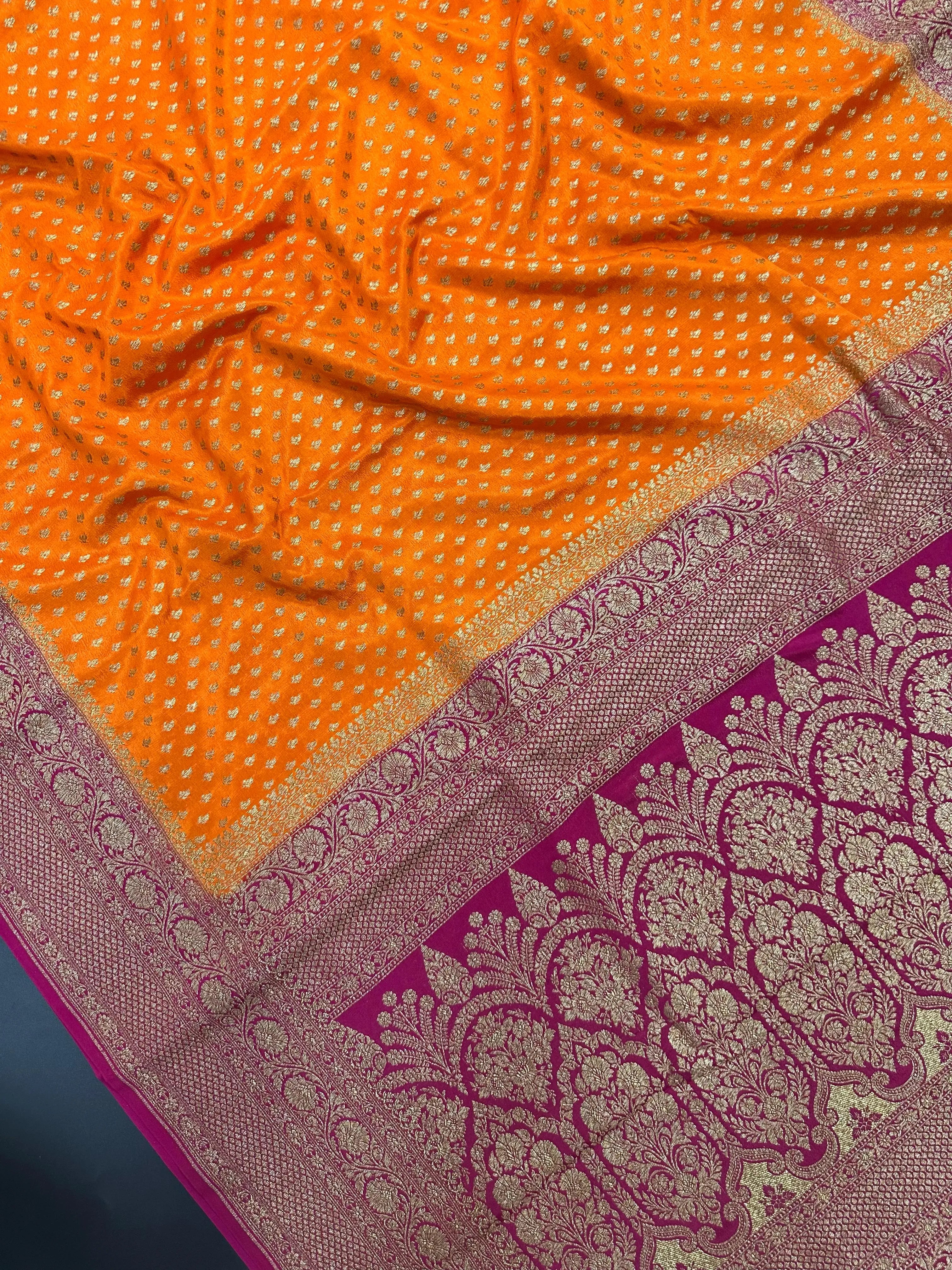 "Vibrant Orange Pure Banarasi Crepe Silk Saree – Perfect for Wedding & Festive Wear"