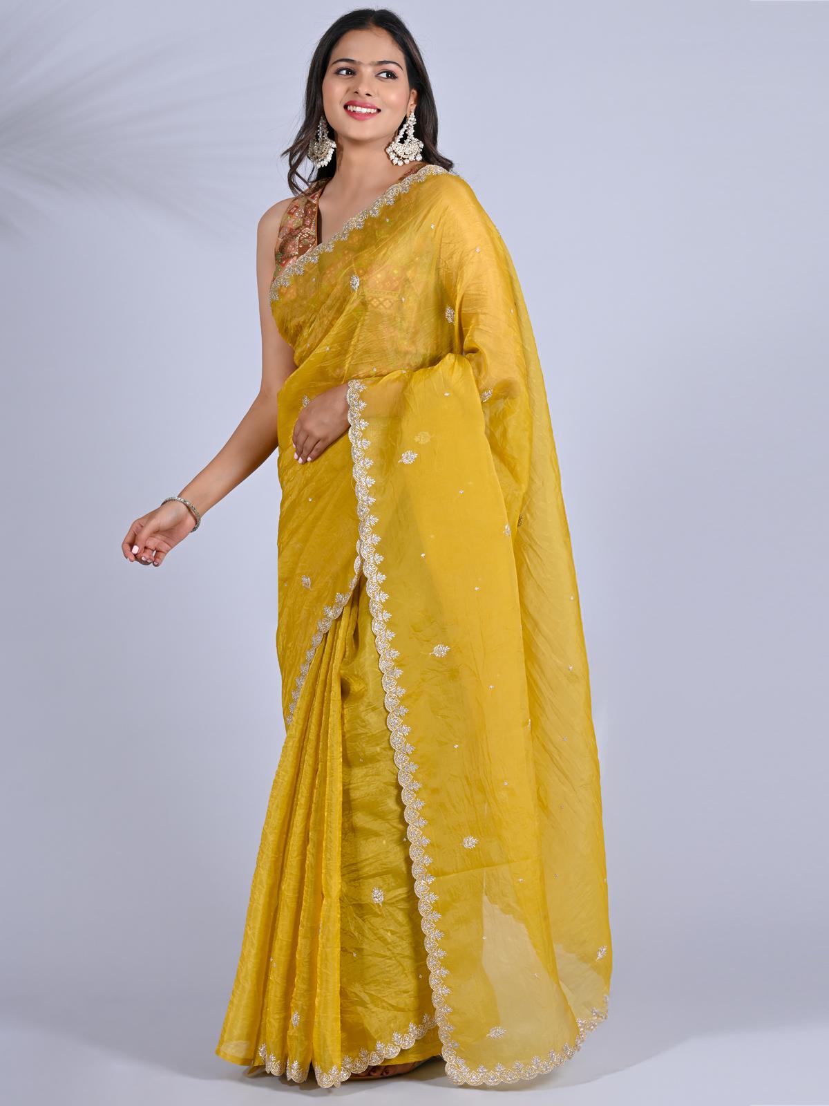 Party Wear Smooth Paper Silk Saree- Crush Embroidery