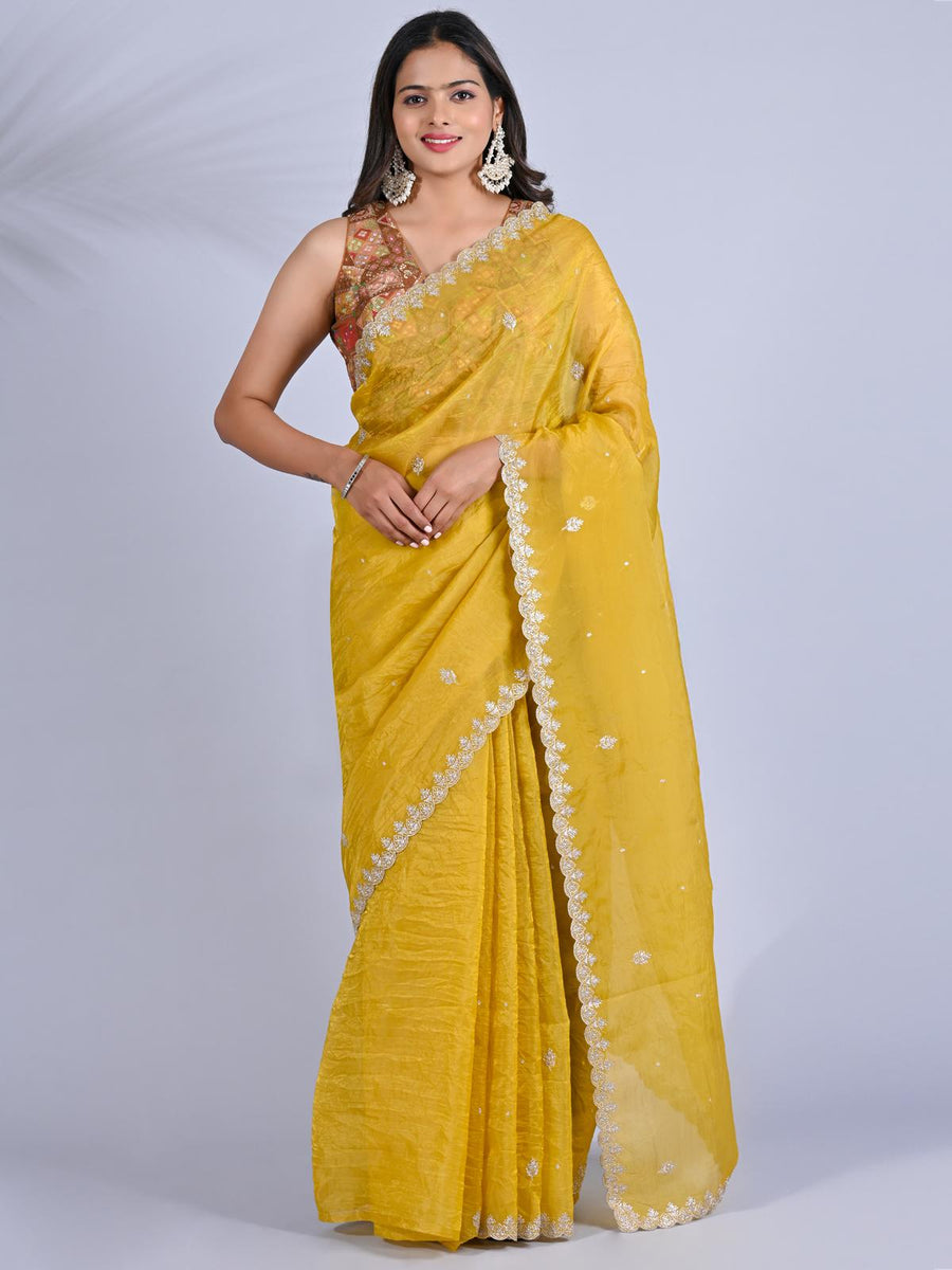 Party Wear Smooth Paper Silk Saree- Crush Embroidery