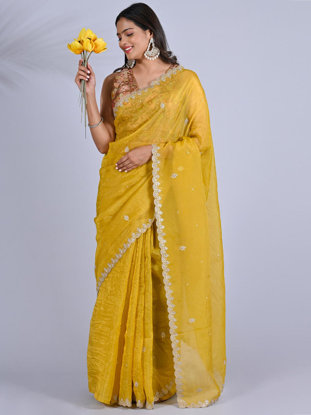 Party Wear Smooth Paper Silk Saree- Crush Embroidery