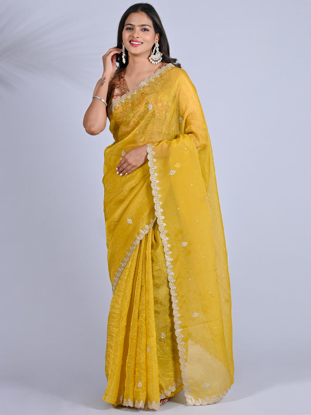 Party Wear Smooth Paper Silk Saree- Crush Embroidery
