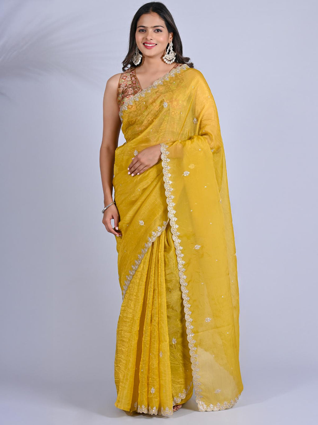 Party Wear Smooth Paper Silk Saree- Crush Embroidery
