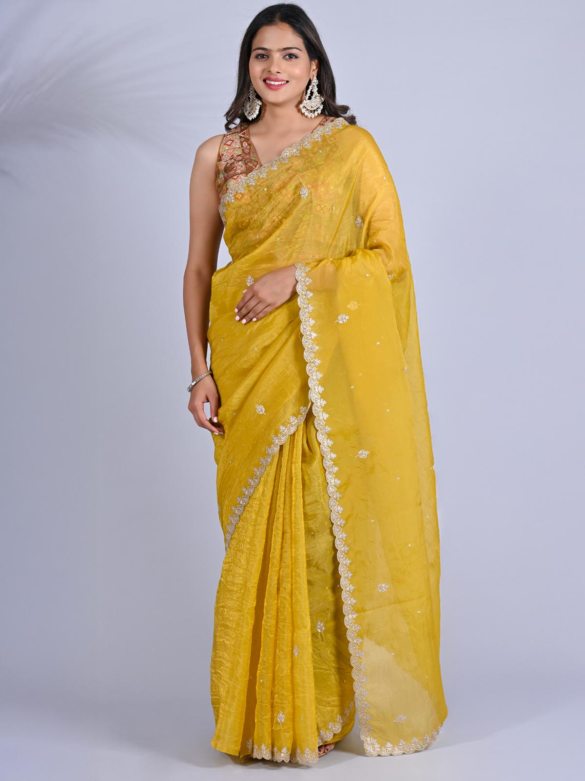 Party Wear Smooth Paper Silk Saree- Crush Embroidery