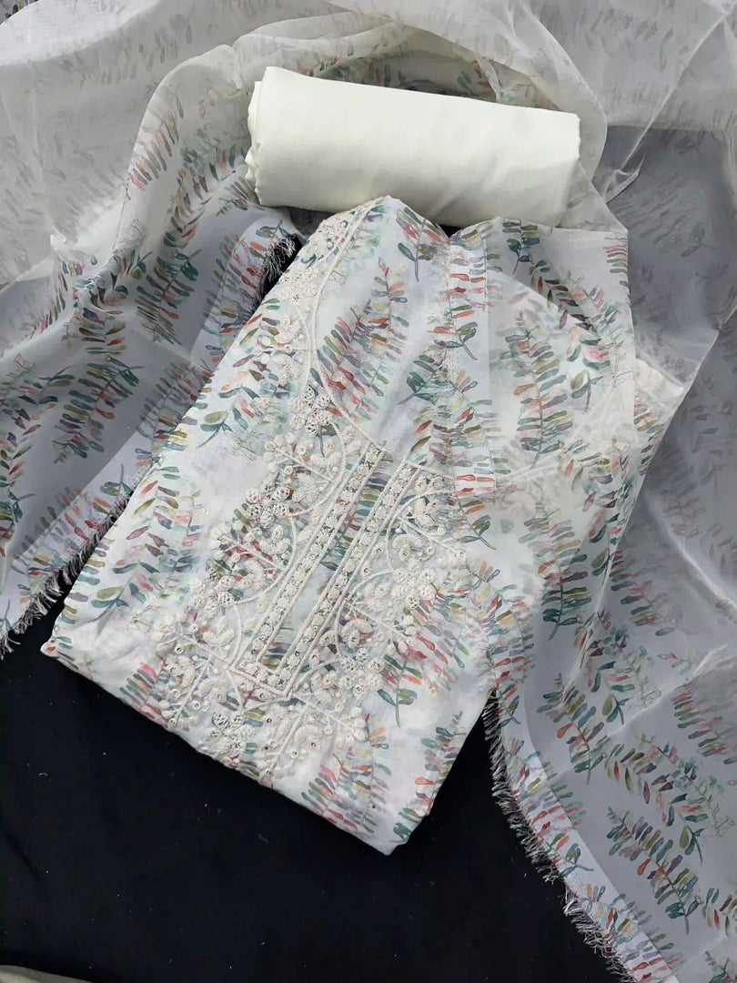 White In Digital Print Threadwork Cotton Unstitched Salwar Suit